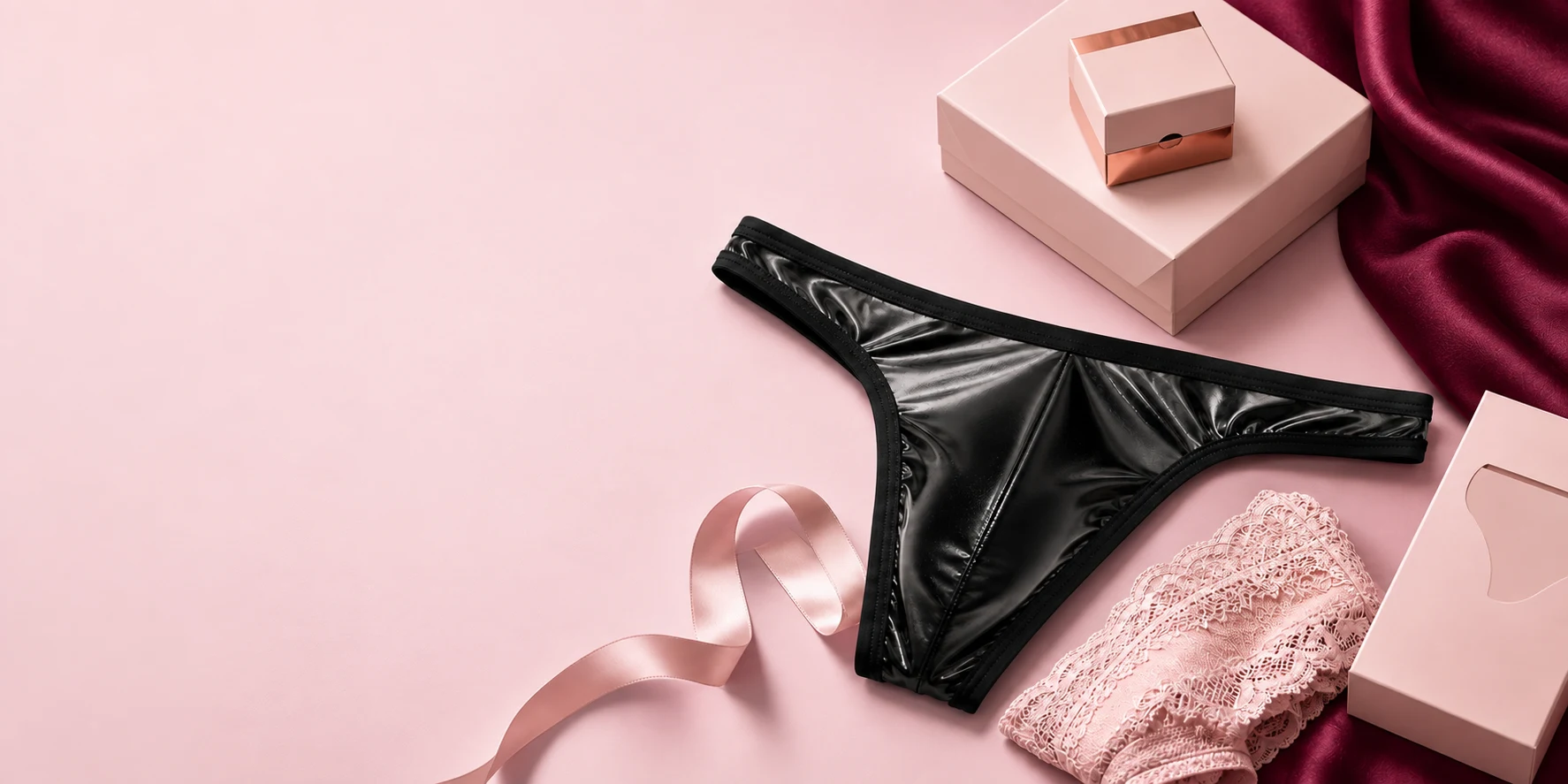 Black lingerie and blush gift packaging on a soft pink studio background